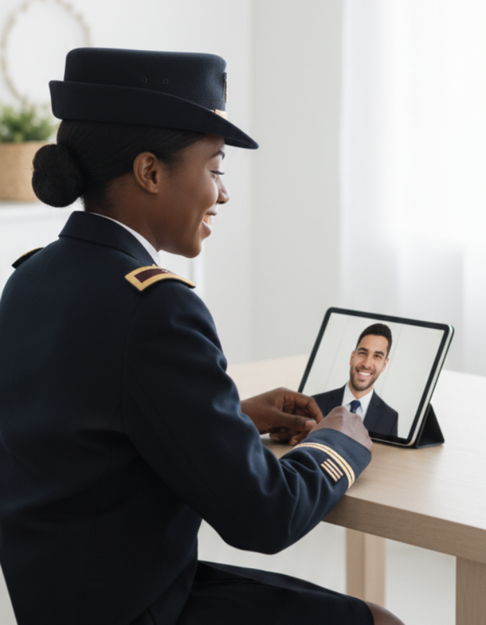 Military member in secure video ceremony