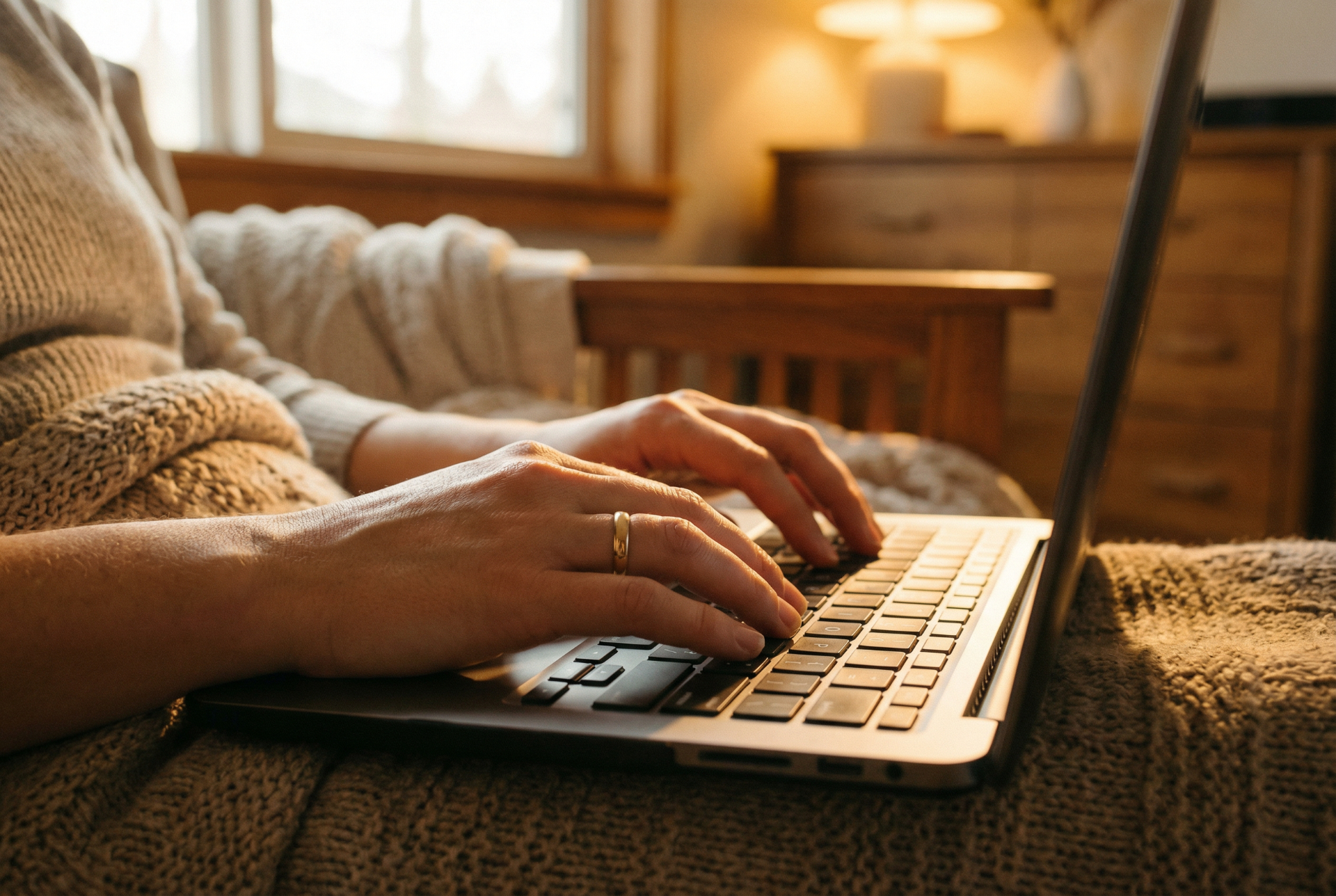 Hands typing on laptop with wedding ring