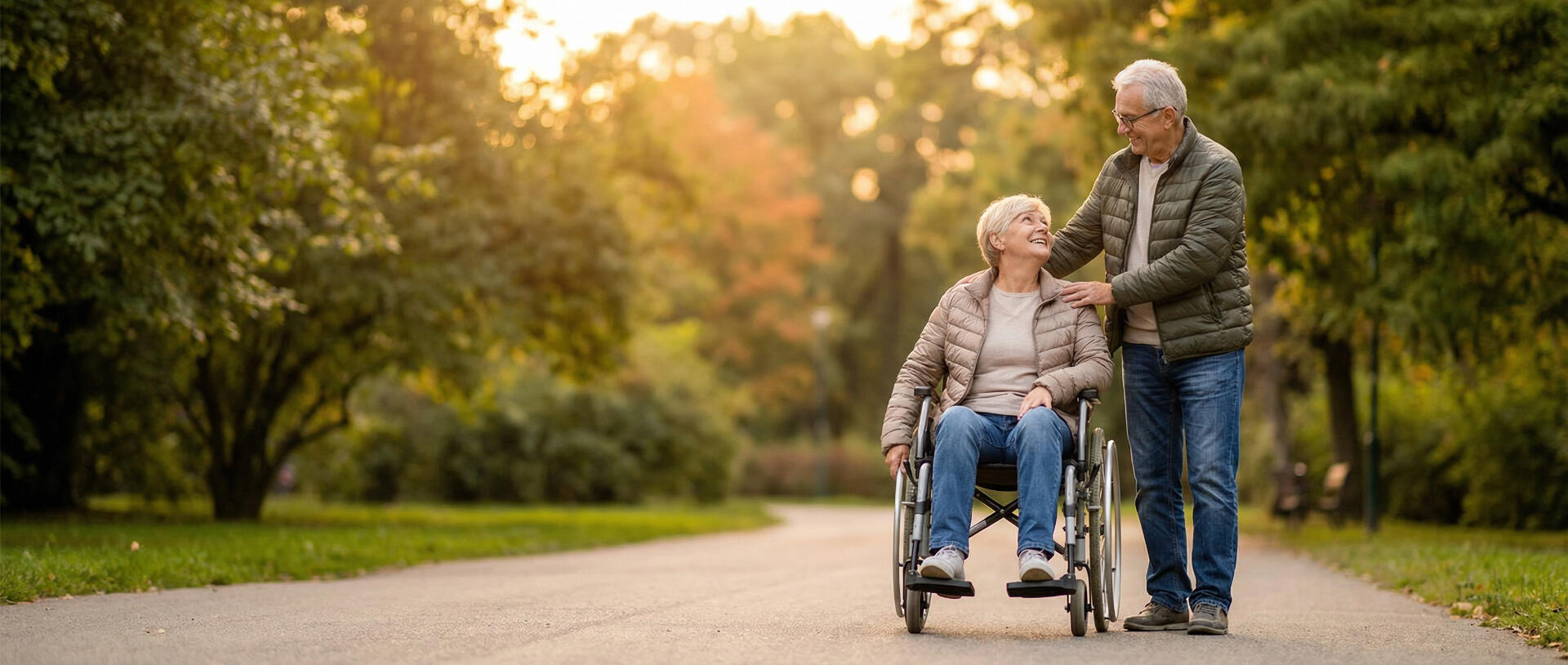 Couple in a park, one using a wheelchair