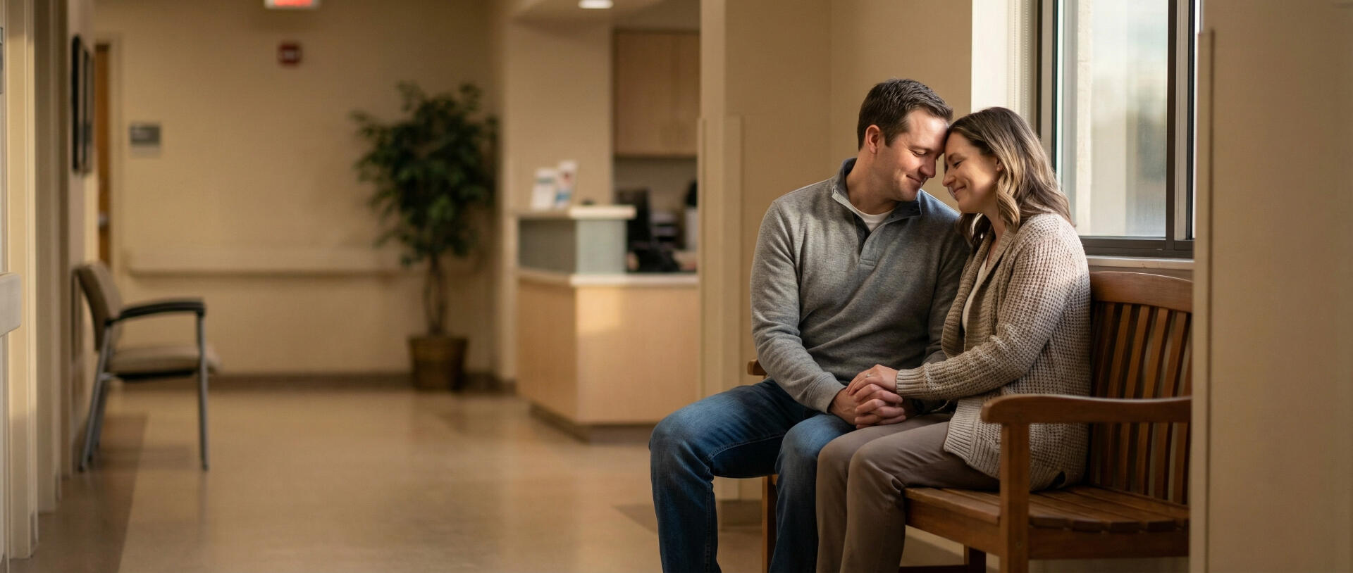 Couple sitting together in a hospital hallway