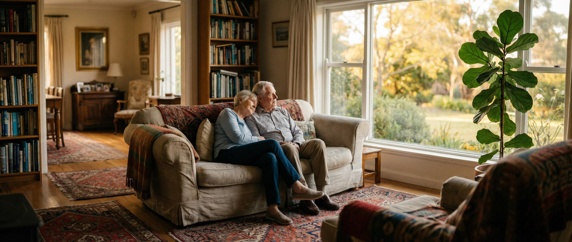 Elderly couple sitting together at home