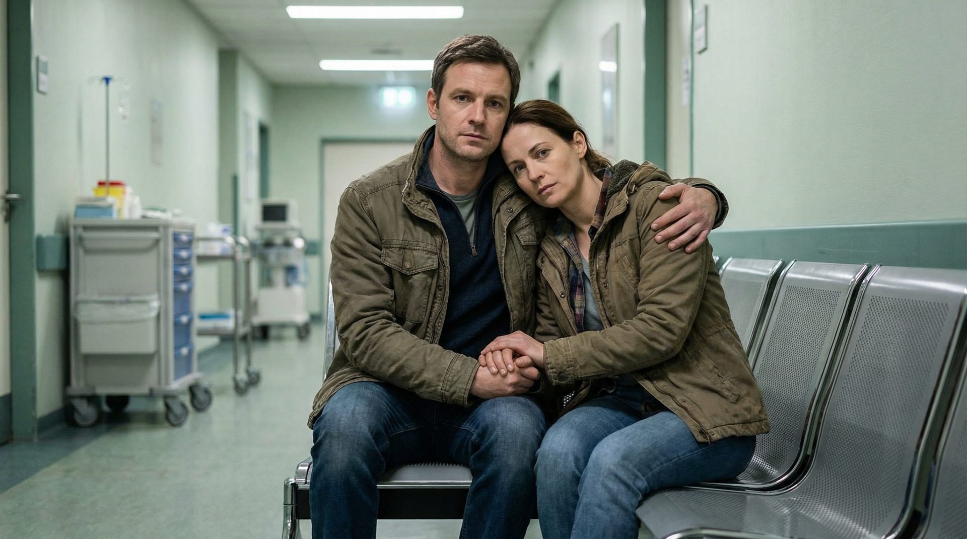 Couple holding hands in hospital corridor