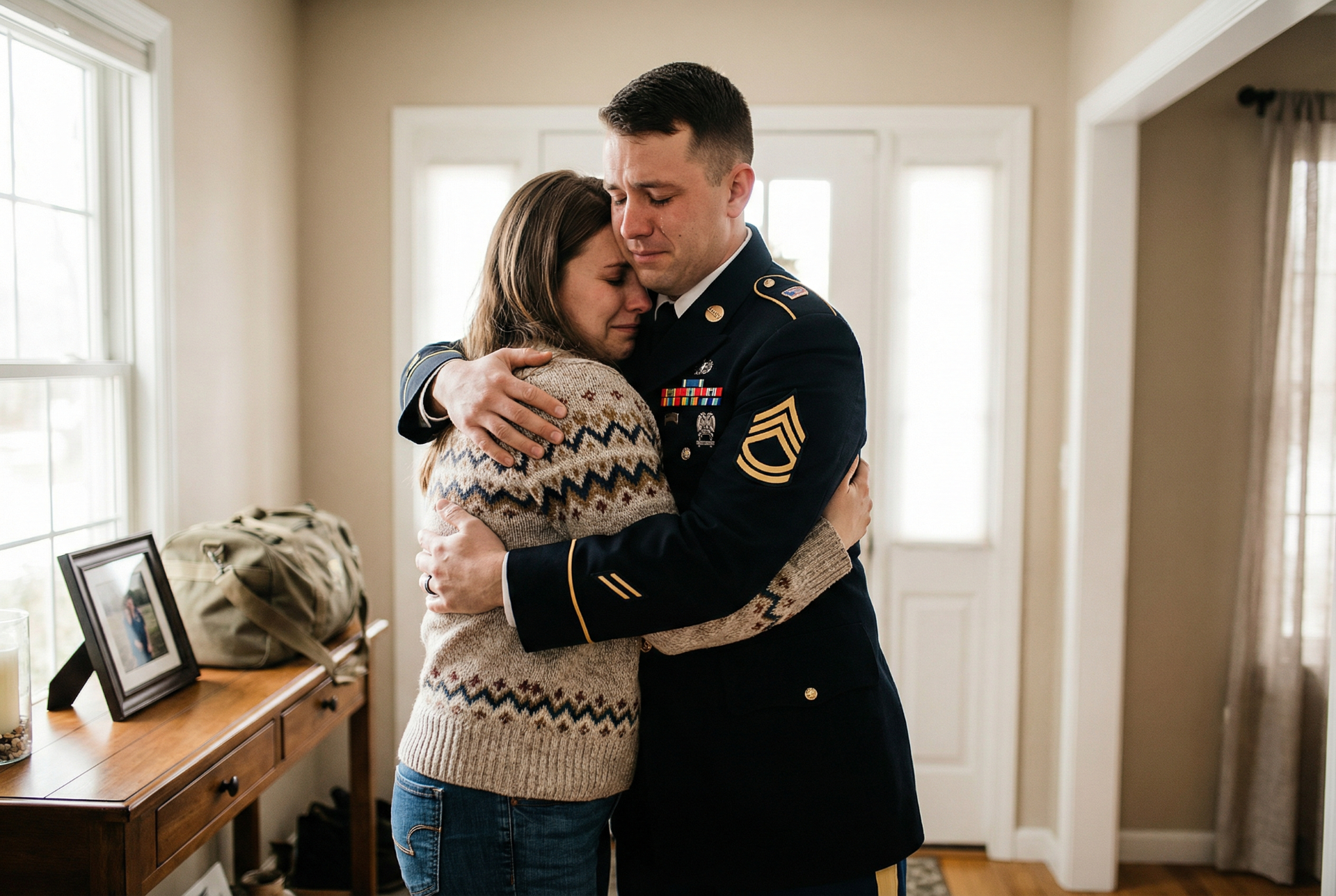 Military couple embracing before deployment
