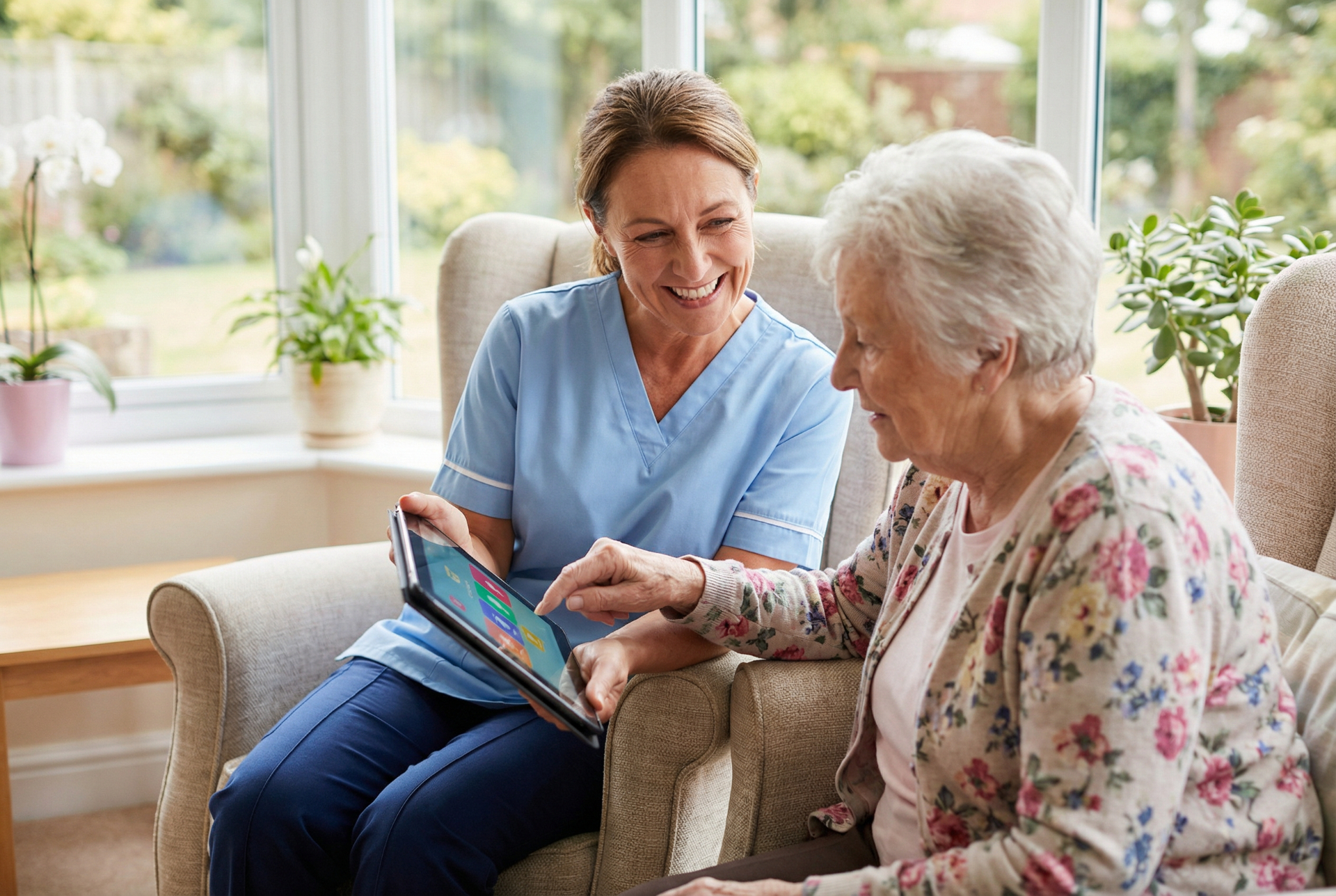 Nurse helping patient with tablet for ceremony