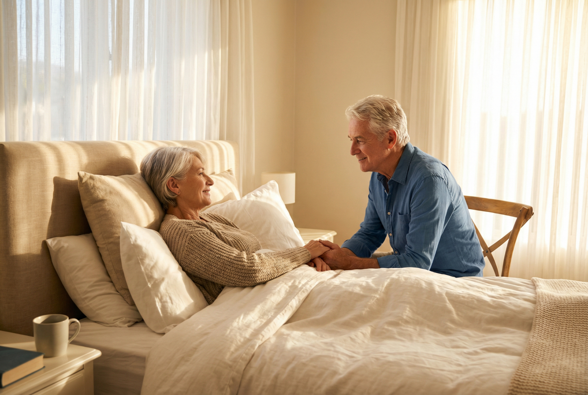 Couple holding hands in sunlit bedroom