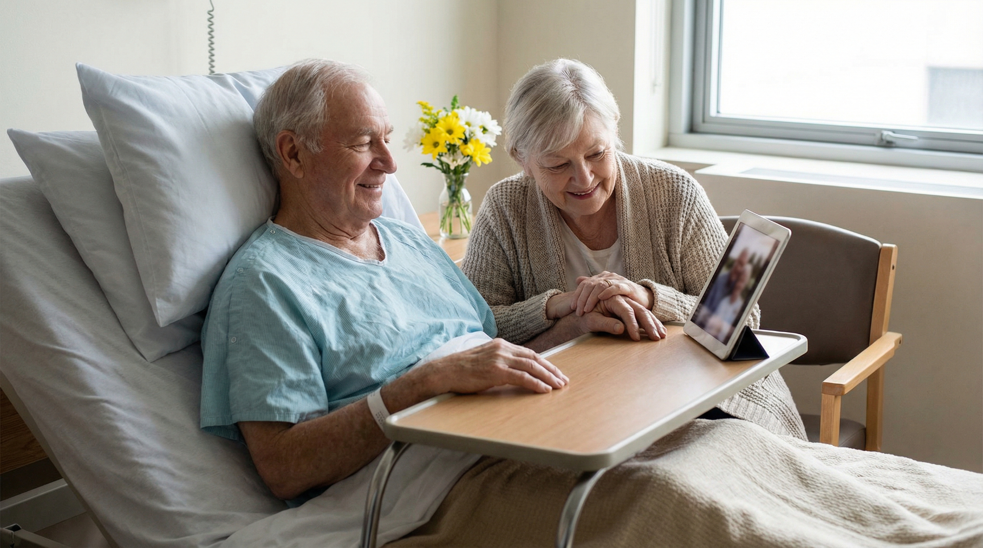 Elderly couple with tablet in hospital room